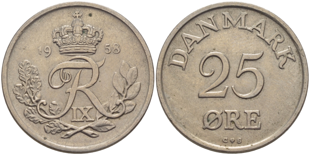 ДАНИЯ 25 ЭРЕ 1958 С; S, ФРЕДЕРИК IX (1947-1972) KM 842.2 медно-никель 28-357