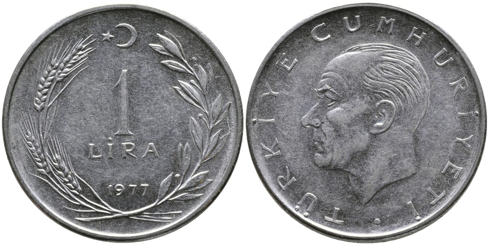 Турция 1 лира 1977 Мустафа Кемаль Ататюрк KM 889а.2 нержавеющая сталь 4541-525