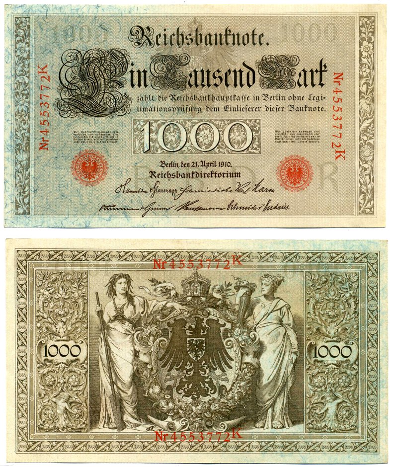 Германия 1000 марок 1910 21 апреля 1910, буква R, номер семизначный, серия K, выпуск (08.1922) Pick 44b, Розенберг 45с бумага 8618-13-1-1