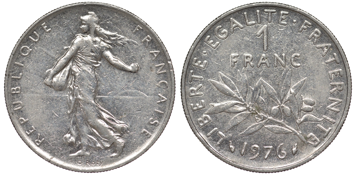 Франция 1 франк 1976 сеятель KM 925.1 никель 25-2357