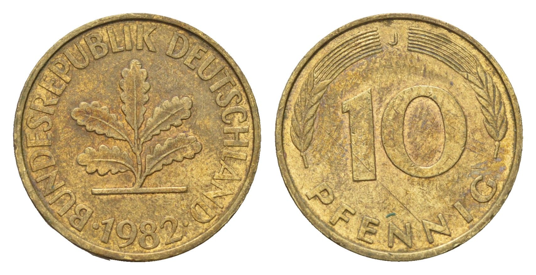 ФРГ 10 пфеннигов 1982 J KM 108, J.383 сталь плакированная латунью 4606-1155