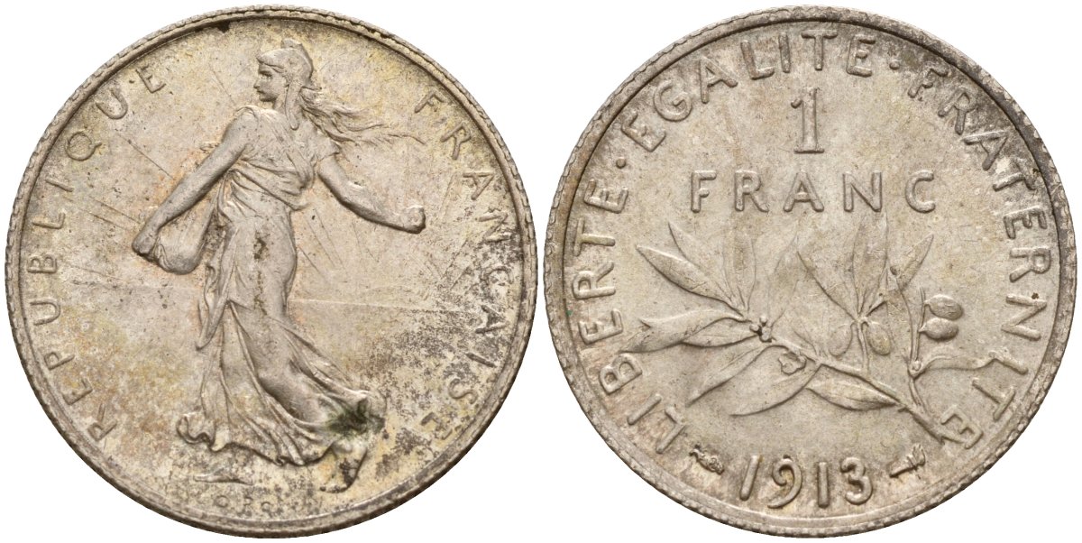 Франция 1 франк 1913 KM 844 серебро 4159-513