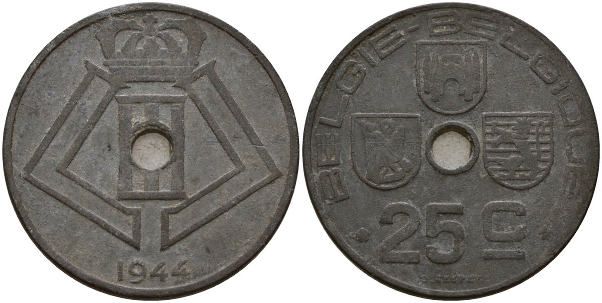 Бельгия 25 сантимов 1944 Belgie - Belgique KM 132 цинк 4187-944