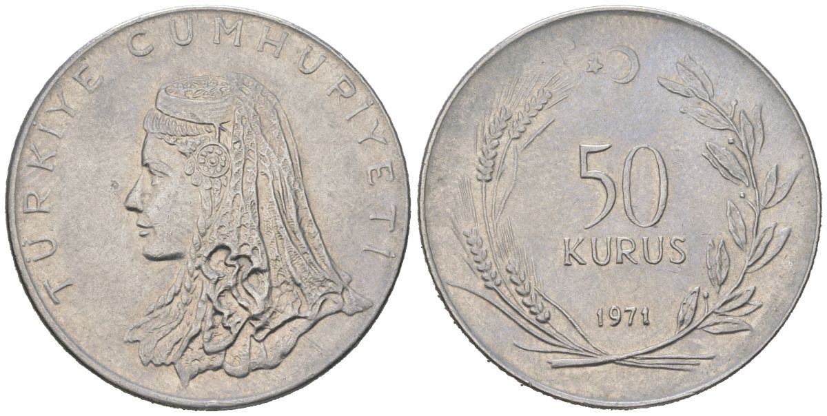 Турция 50 курушей 1971 Анатолийская невеста KM 899 нержавеющая сталь 4584-434