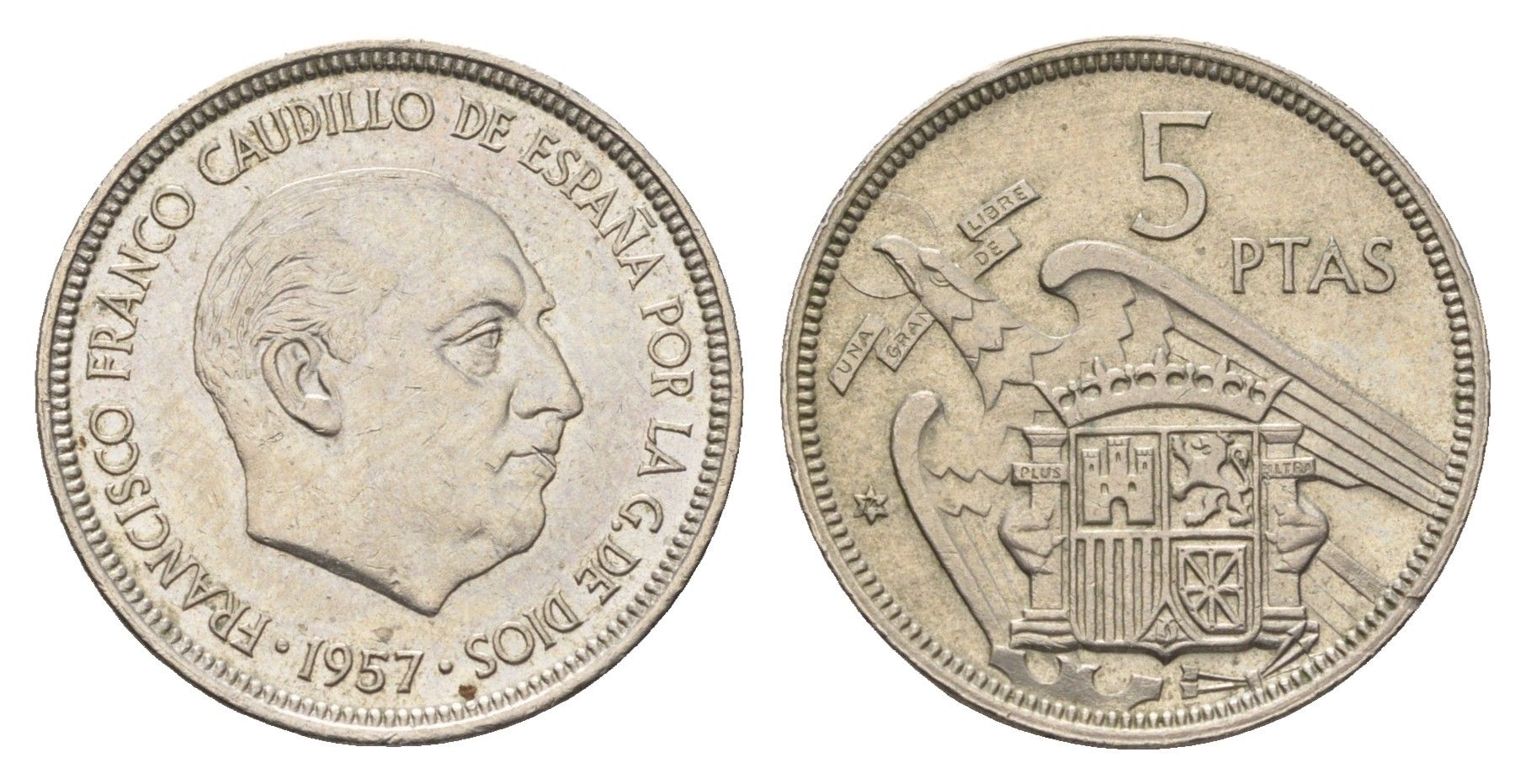 Испания 5 песет 1957 (74) Франсиско Франко (1939 - 1975) KM 786 медно-никель 4633-912