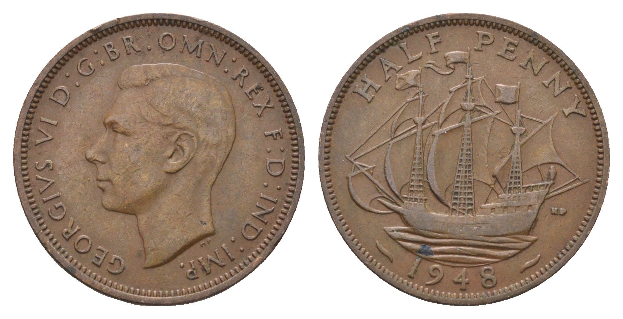 Великобритания 1/2 пенни 1948 Георг VI (1936-1952) KM 844, Spink 4115 бронза 4662-1121