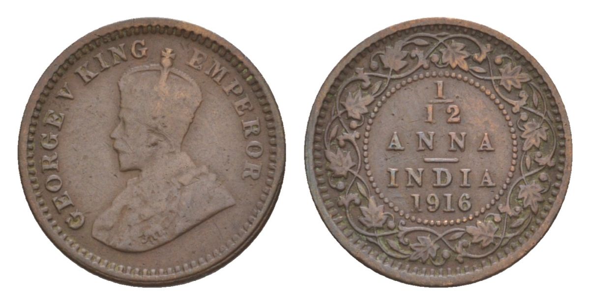 Британская Индия 1/12 анны 1916 Георг V (1910-1936) KM 509 бронза 75-1133