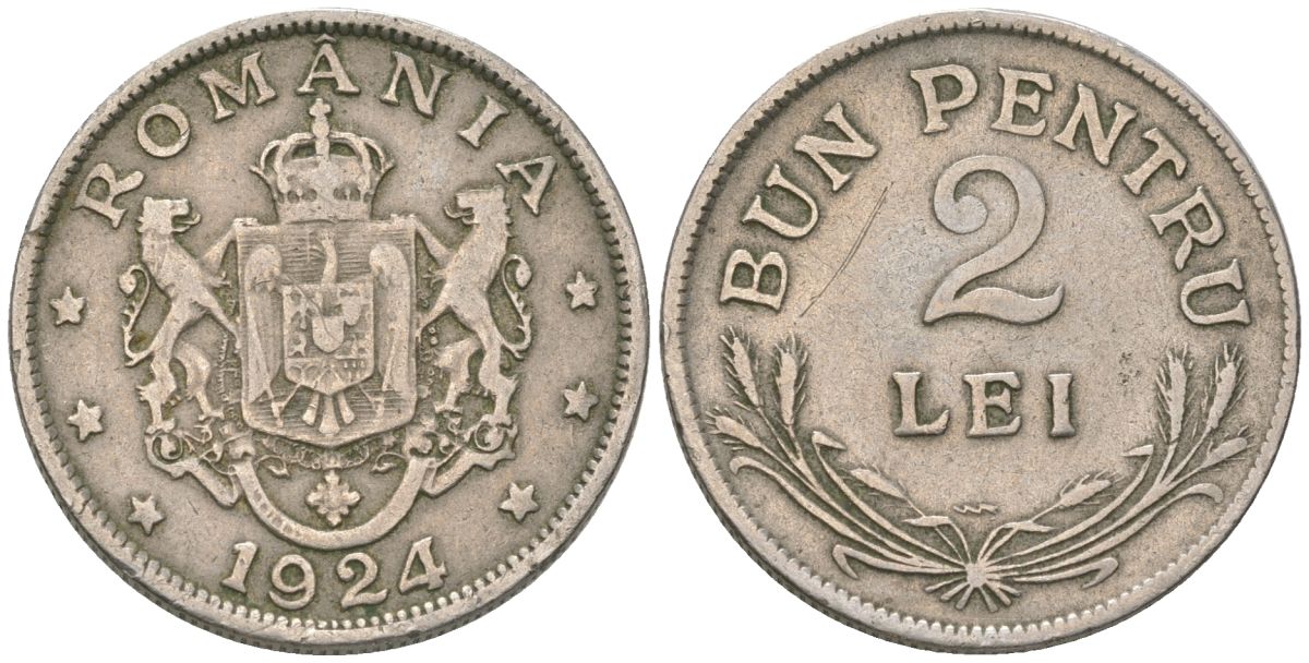 Румыния 2 лея 1924 Фердинанд I (1914-1927) KM 47 медно-никель 4586-1013
