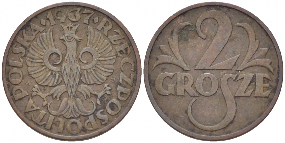 ПОЛЬША 2 ГРОША 1937 w KM 9а бронза 214-753