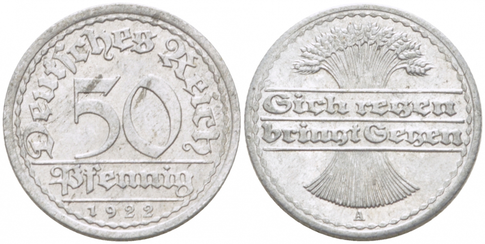 ГЕРМАНИЯ 50 ПФЕННИГОВ 1922 A KM 27, J. 301, Weege 10 алюминий 77-623