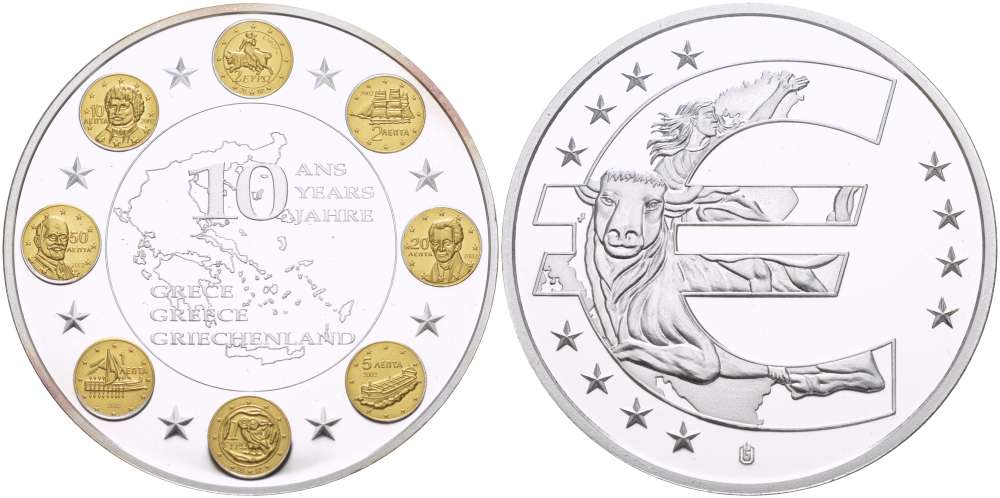 НИДЕРЛАНДЫ МЕДАЛЬ 2012 СЕРИЯ 10 ЛЕТ ЕВРО, ГРЕЦИЯ, СЕРЕБРЕНИЕ, ПОЗОЛОТА, ДИАМЕТР 40 ММ., ПОХИЩЕНИЕ ЕВРОПЫ PROOF 1082-6-35