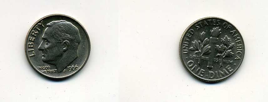 США 10 ЦЕНТОВ = 1 ДАЙМ 1966 РУЗВЕЛЬТ KM 195а медь плакированная медно-никелем 57-1219