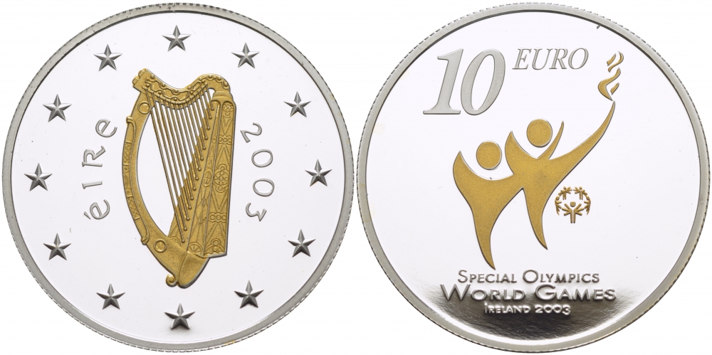 Ирландия 10 евро 2003 специальные Олимпийские игры в Ирландии 2003, позолота KM 41 серебро PROOF 05-086-34