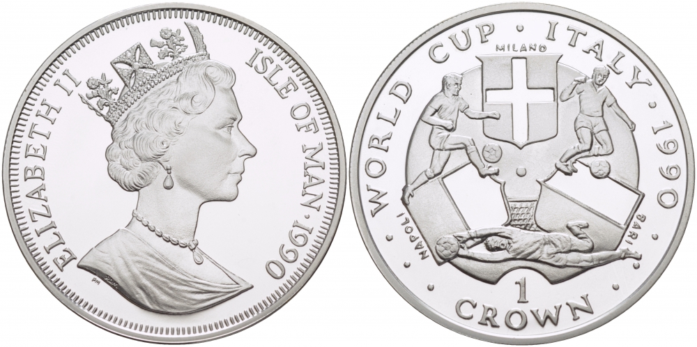 Остров Мэн 1 крона 1990 чемпионат мира по футболу 1990 года в Италии, Милан KM 269a серебро PROOF 1081-3-12
