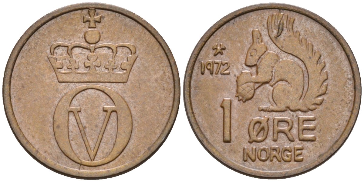Норвегия 1 эре 1972 белка, Улаф V (1958-1991) KM 403 бронза UNC 4580-949