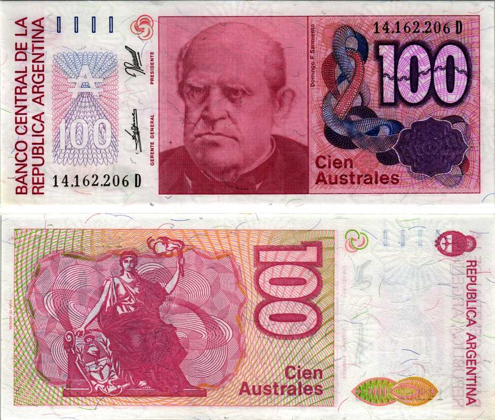 АРГЕНТИНА 100 АУСТРАЛЕЙ 1990 СЕРИЯ D 14162, Фаустино Сармьенто, Аргентинский военный деятель, масон Pick 327c, Bottero 2847 бумага UNC (ПРЕСС) 6352-12-2-1