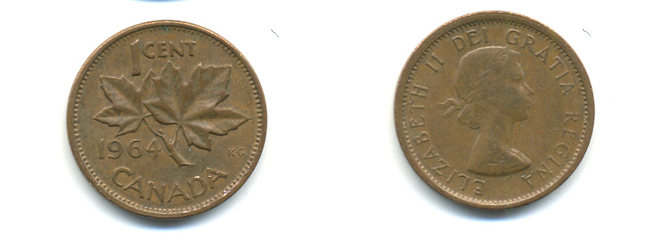 Канада 1 цент 1964 Елизавета II (1952-2022), кленовый лист KM 49 бронза 177-1327