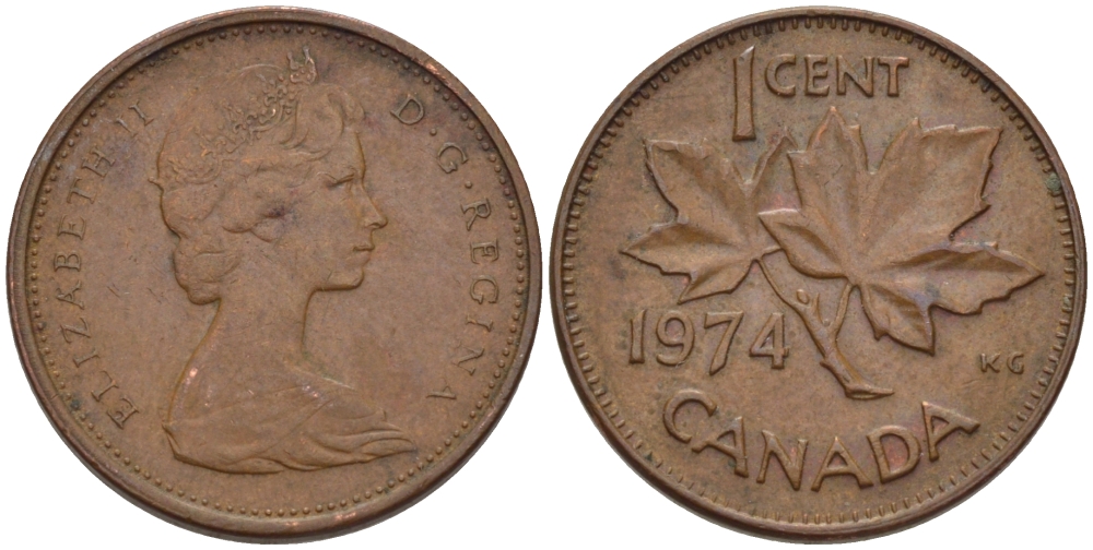 Канада 1 цент 1974 Елизавета II (1952-2022), кленовый лист KM 59.1 бронза 96-562