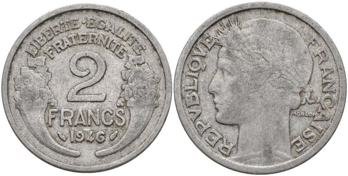 Франция 2 франка 1946 KM 886a, Le Franc 269.10 алюминий 4144-341