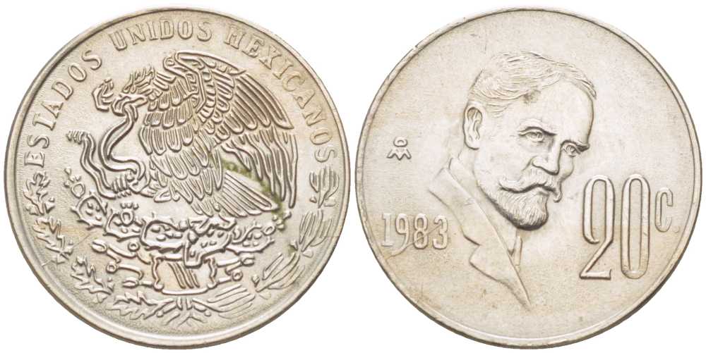 Мексика 20 сентаво 1982 Франциско Индалеси KM 442 медно-никель 201-569