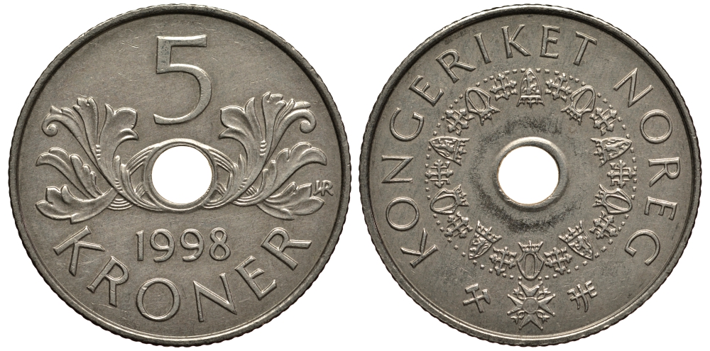 Норвегия 5 крон 1998 Харальд V (1992-) KM 463 медно-никель 4390-724