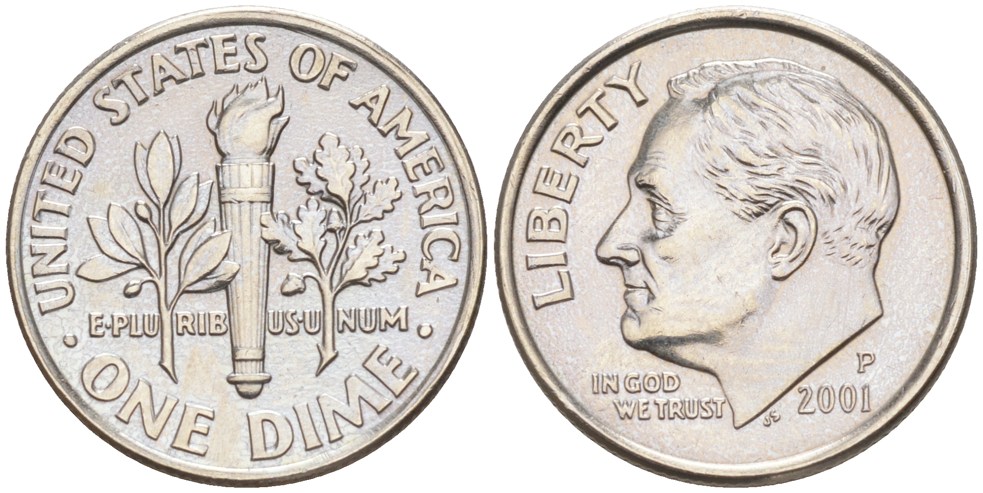 США 10 ЦЕНТОВ = 1 ДАЙМ 2001 P, РУЗВЕЛЬТ KM 195a медь плакированная медно-никелем 188-729