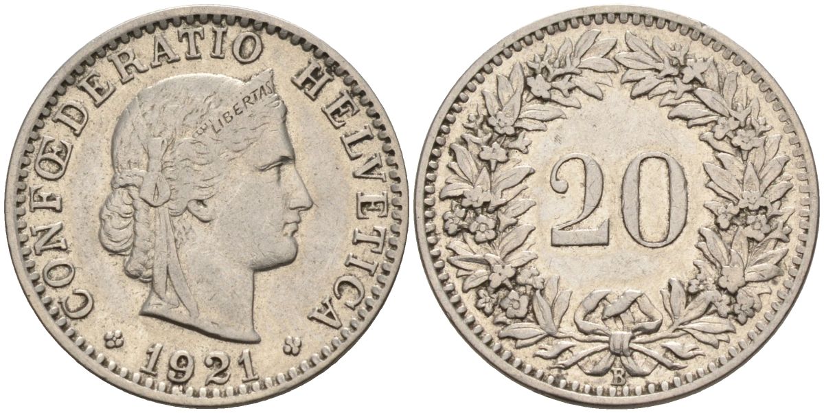 Швейцария 20 раппенов 1921 В KM 29 никель 4592-913