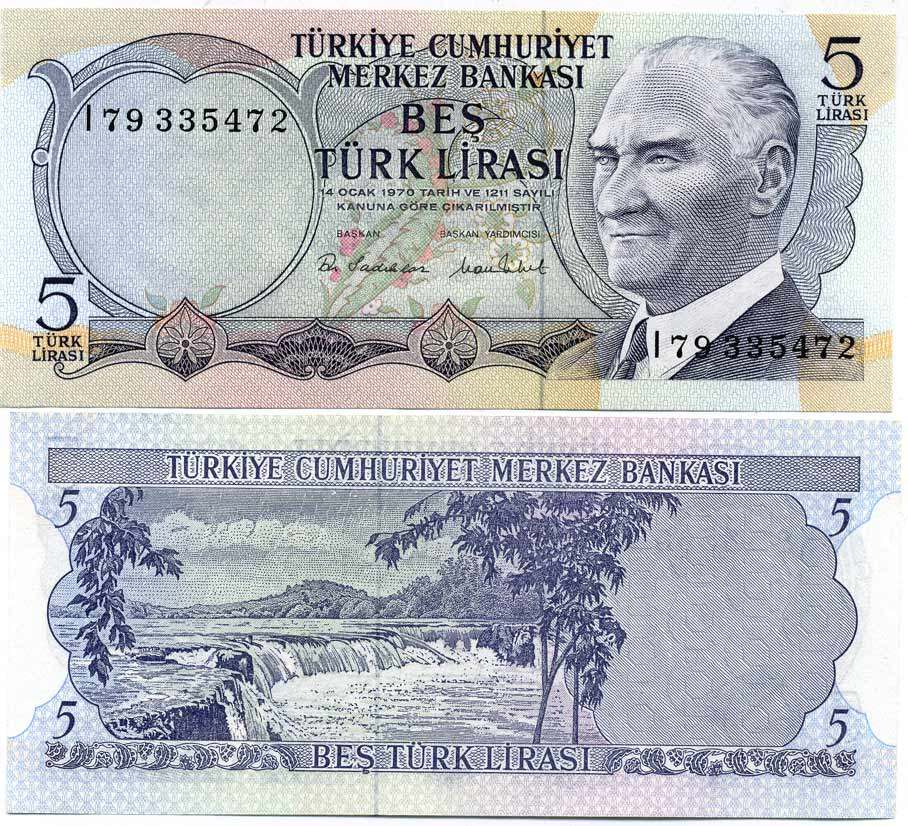 ТУРЦИЯ 5 ЛИР 1976 ПРЕЗИДЕНТ КЕМАЛЬ АТАТЮРК, МАНАВГАТ ВОДОПАД В АНТАЛИИ Pick 185 бумага UNC (ПРЕСС) 7147-36-3