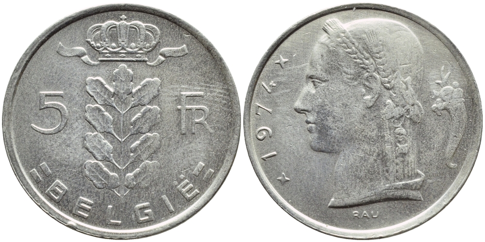 БЕЛЬГИЯ 5 ФРАНКОВ 1974 BELGIE KM 135.1 медно-никель 4110-435