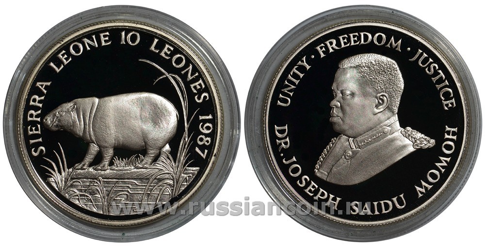 Сьерра-Леоне 10 леоне 1987 защита дикой природы, карликовый гиппопотам, доктор Джозеф Сайду Момох KM 41 серебро PROOF 11-035-13