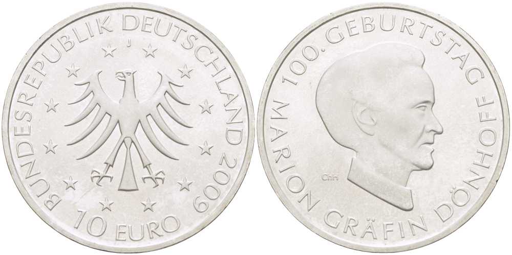 ФРГ 10 евро 2009 J, 100 лет со дня рождения графини Марион Дёнхофф KM 284, DE.S. 10.44 серебро UNC 413-813