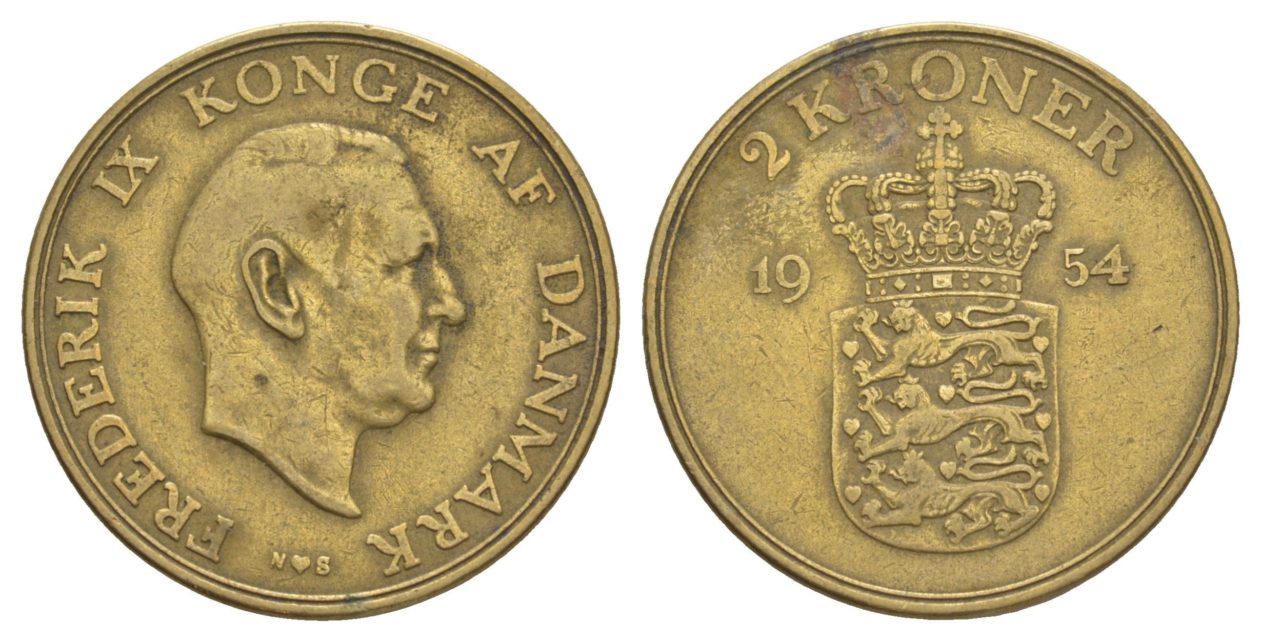 Дания 2 кроны 1954 N, Фредерик IX (1947-1972) KM 838 алюминиевая бронза 4634-535