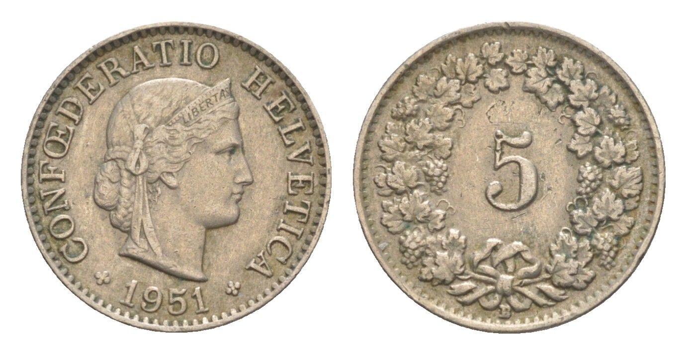 Швейцария 5 раппенов 1951 B KM 26 медно-никель 4627-927