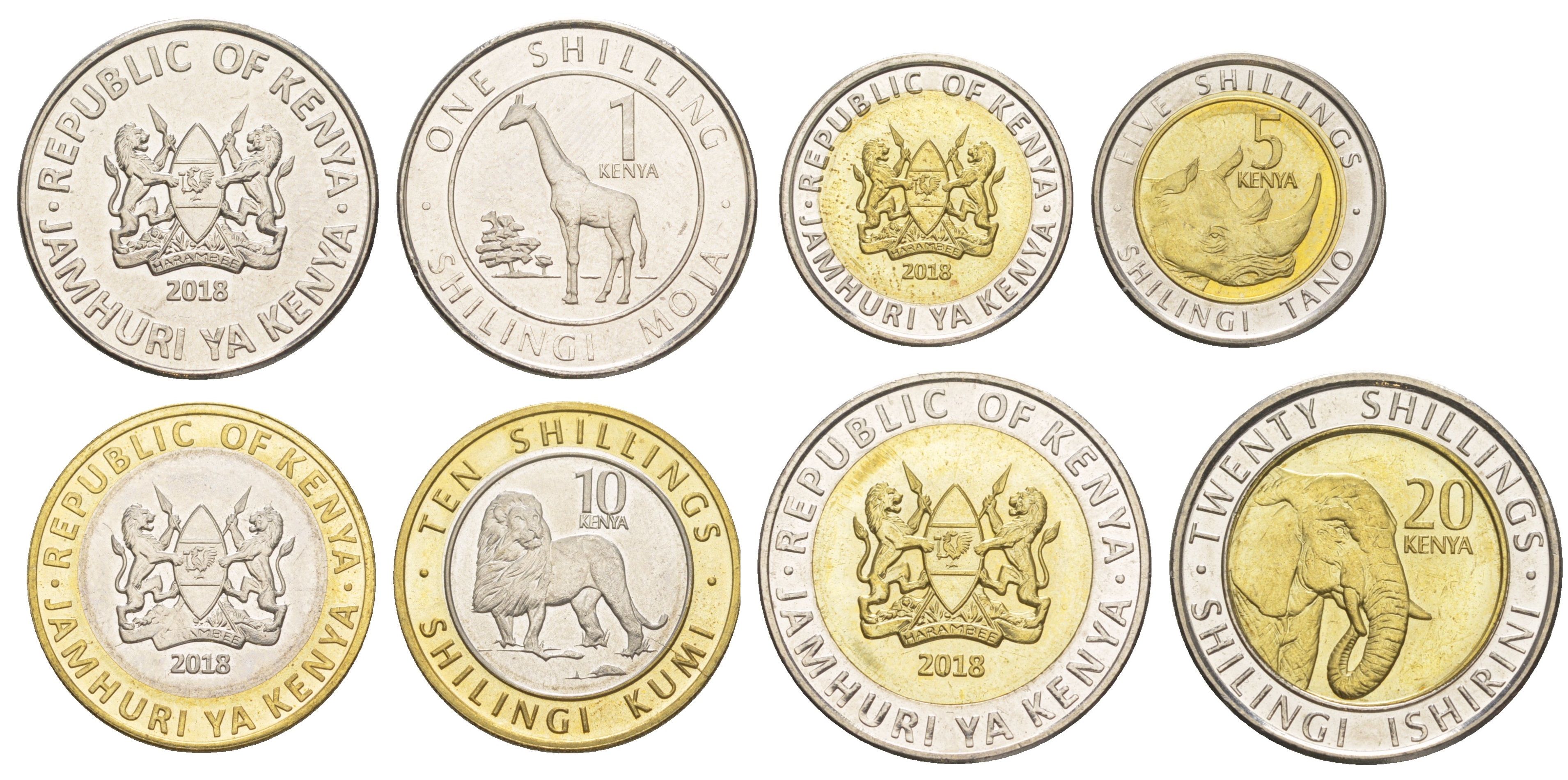 Кения полный годовой набор из 4 монет (1, 5, 10 и 20 шиллингов) 2018 KM 45, 46, 47 и 48 UNC N2-67