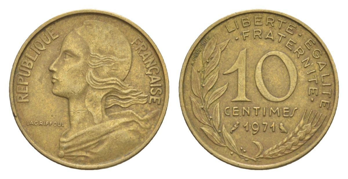 Франция 10 сантимов 1971 тип Morlon KM 929, Le Franc 144.11 алюминиевая бронза 4630-355