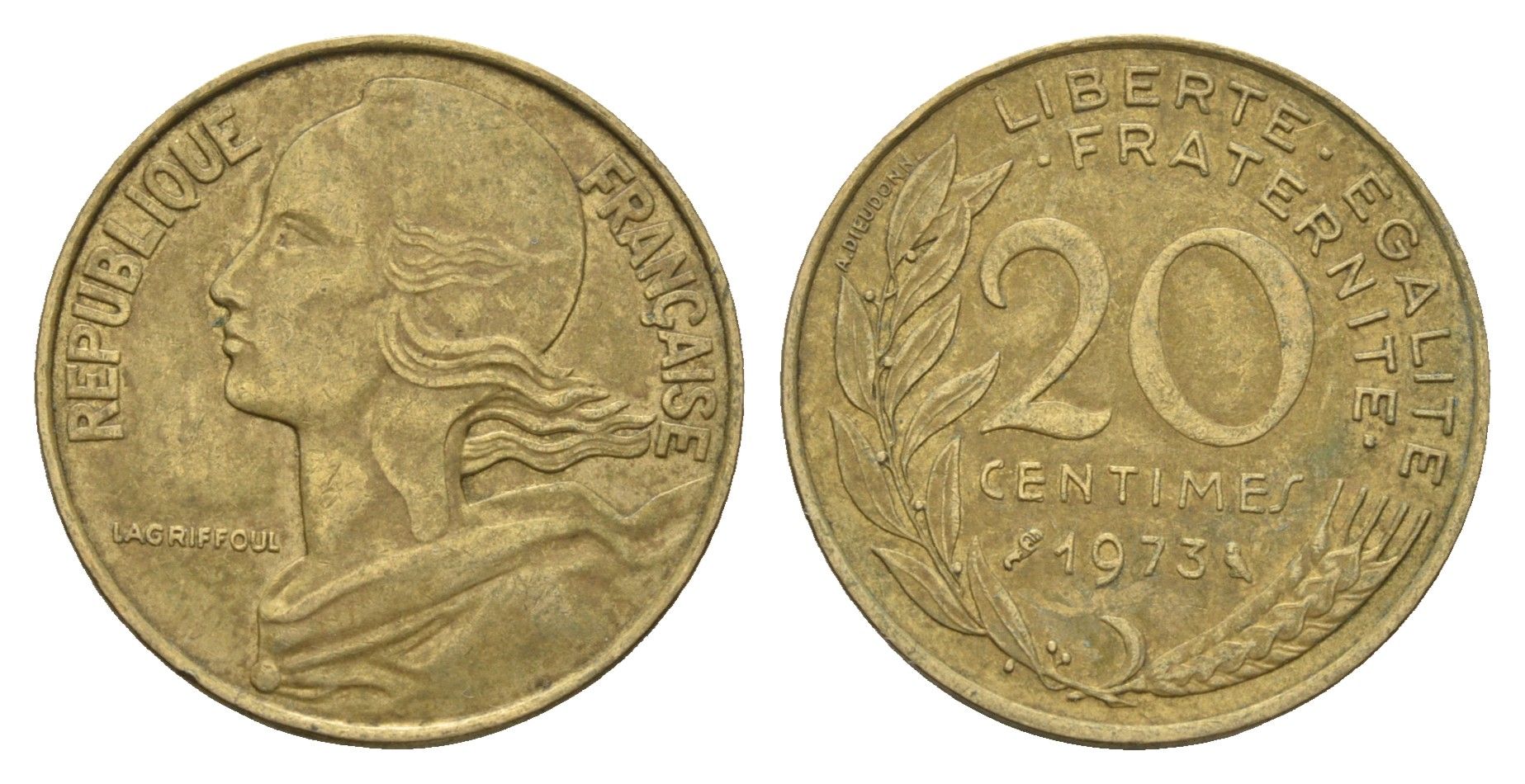 Франция 20 сантимов 1973 KM 930 алюминиевая бронза 4673-1116