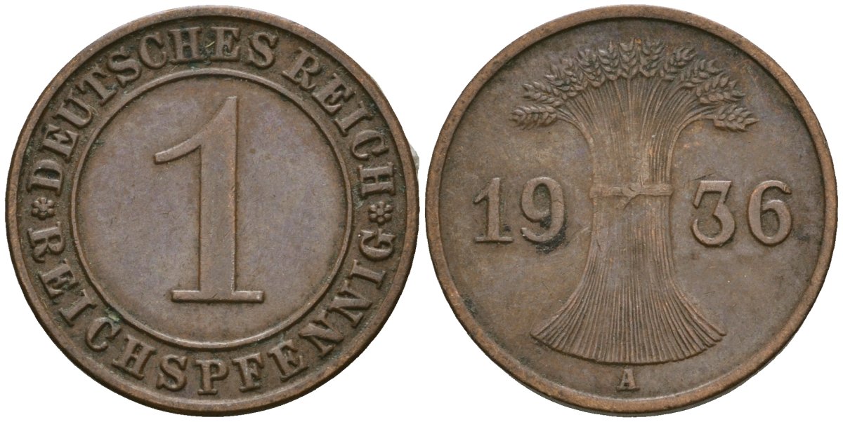 Германия 1 рейхспфенниг 1936 A KM 37, J. 313 бронза 4528-1137