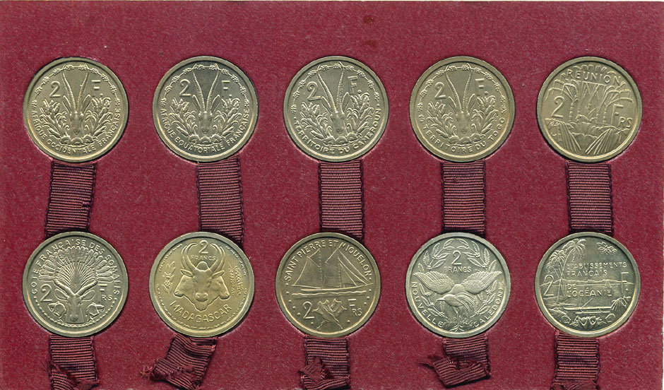 Французские Колонии набор из 23 пробных монет 1948-1949 ESSAI, Французские Колонии, в оригинальной картонной коробке UNC 7-1-34