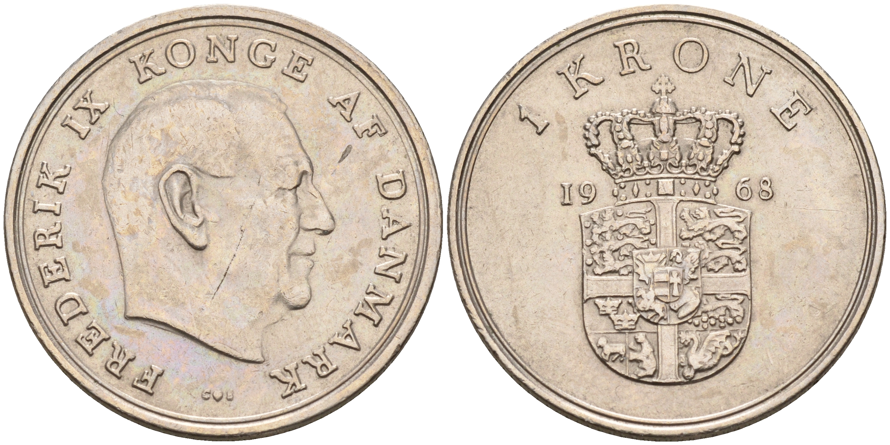 Дания 1 крона 1968 C,S, Фредерик IX (1947-1972) KM 851.1 медно-никель    4143-327
