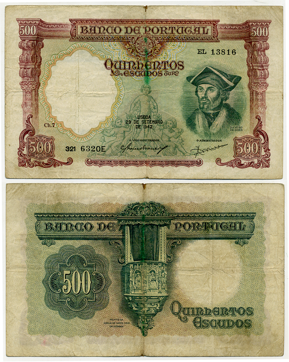 ПОРТУГАЛИЯ 500 ЭСКУДО 1942 29.09.1942, Дамиан ди Гойш Pick 155 бумага 8564-7-1