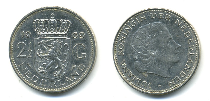 Нидерланды 2 1/2 гульдена 1969 Юлиана (1948-1980) KM 191 никель 4364-551