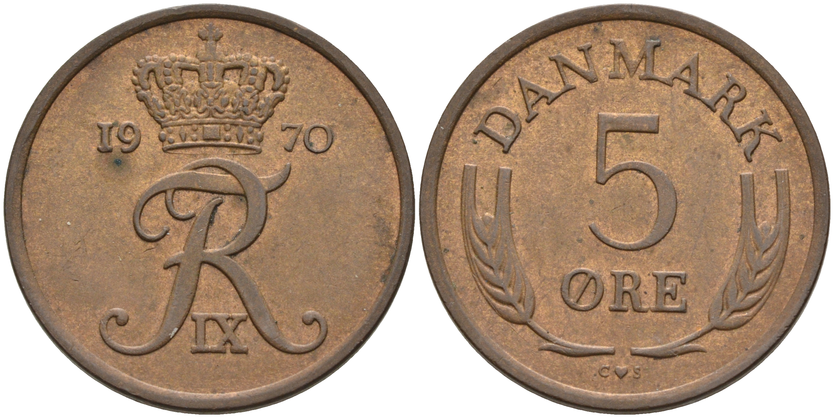 ДАНИЯ 5 ЭРЕ 1970 C; S, ФРЕДЕРИК IX (1947-1972) KM 848.1 бронза 4566-521