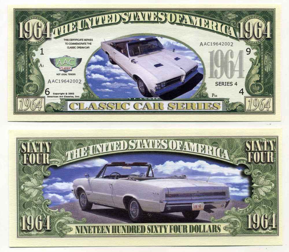 США 1964 ДОЛЛАРА 2002 СУВЕНИРНАЯ БАНКНОТА, СЕРИЯ КЛАСИЧЕСКИЕ АВТОМОБИЛИ, ААС 1964 ГОДА бумага UNC (ПРЕСС) 8588-12-4-2