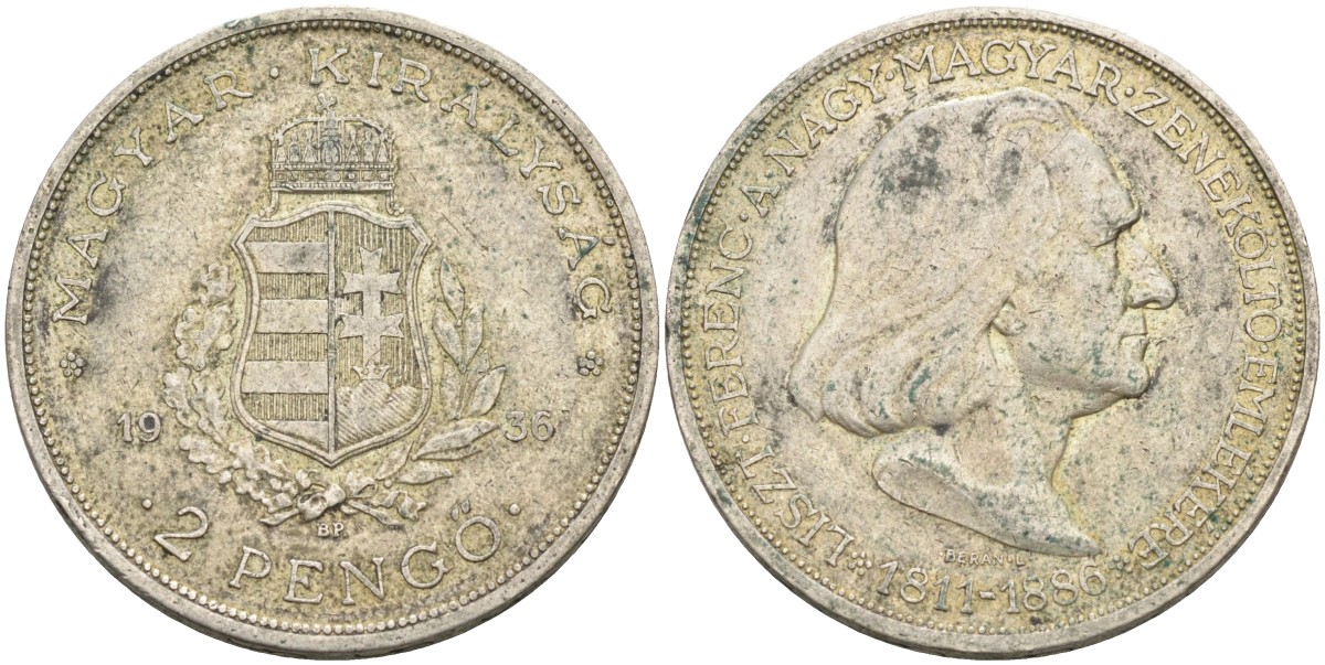 Венгрия 2 пенге 1936 50 лет со дня смерти Ференца Листа KM 515 серебро 4587-1032