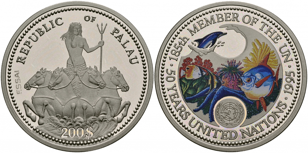 Палау 200 долларов 1995 185-й член ООН, рыбы, русалка в колеснице, ESSAIS, пробный выпуск, эмаль, тираж 30 экземпляров KM E5 медно-никель PROOF 00-00