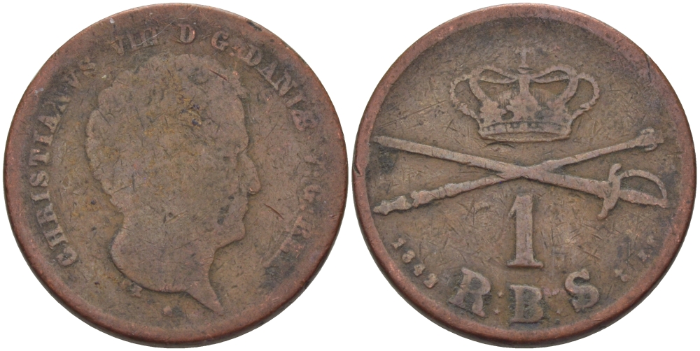 ДАНИЯ 1 РИКСБАНКСКИЛЛИНГ 1842 VS, КРИСТИАН VIII (1839-1848) KM 726 (С120.2) медь 28-512