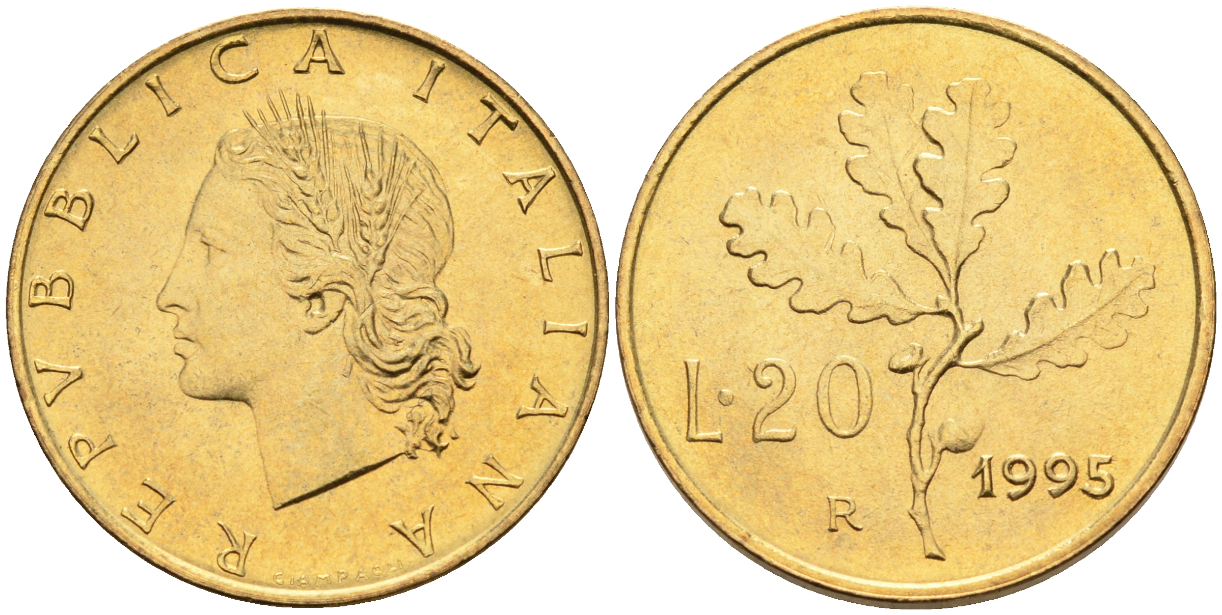 Италия 20 лир 1995 R, дубовый лист KM 97.2 алюминиевая бронза  UNC  4594-1034