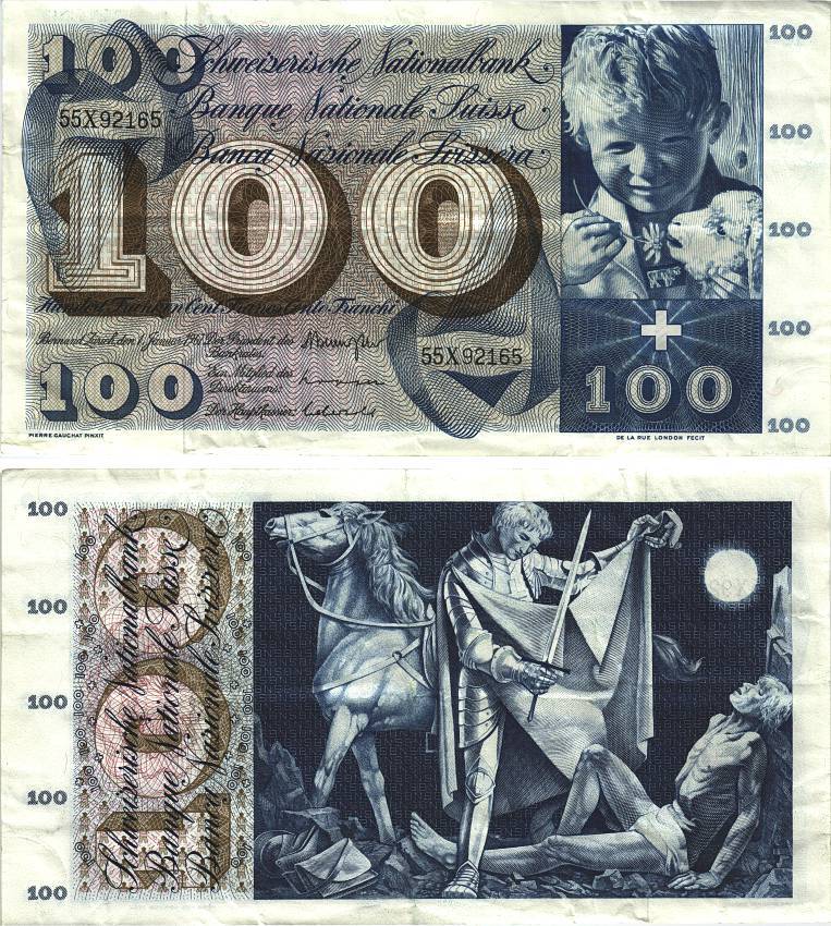 Швейцария 100 франков 1967 1 января 1967, серия 55 X, подпись 42 Pick 49 i бумага 8606-25-2-1