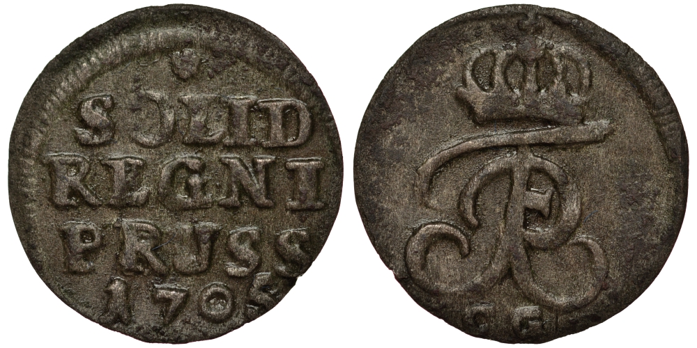 ПРУССИЯ 1 ШИЛЛИНГ 1705 CG, ФРИДРИХ I (1701-1713), ВЕС 0,63 ГР. KM 6 серебро 1516-443