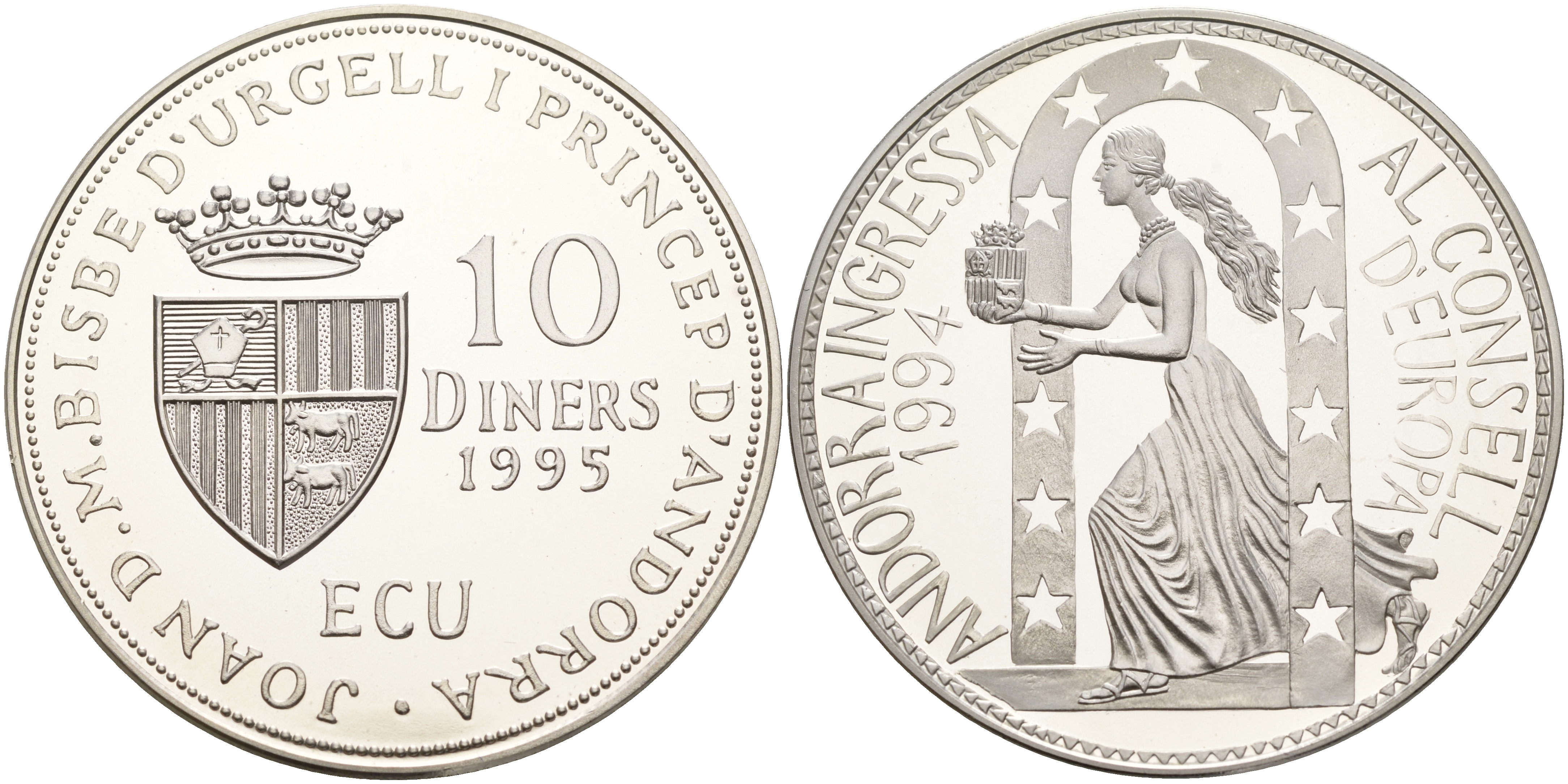 Андорра 10 динеров 1995 вступление Андорры в совет Европы KM 108 серебро PROOF 11-236-21